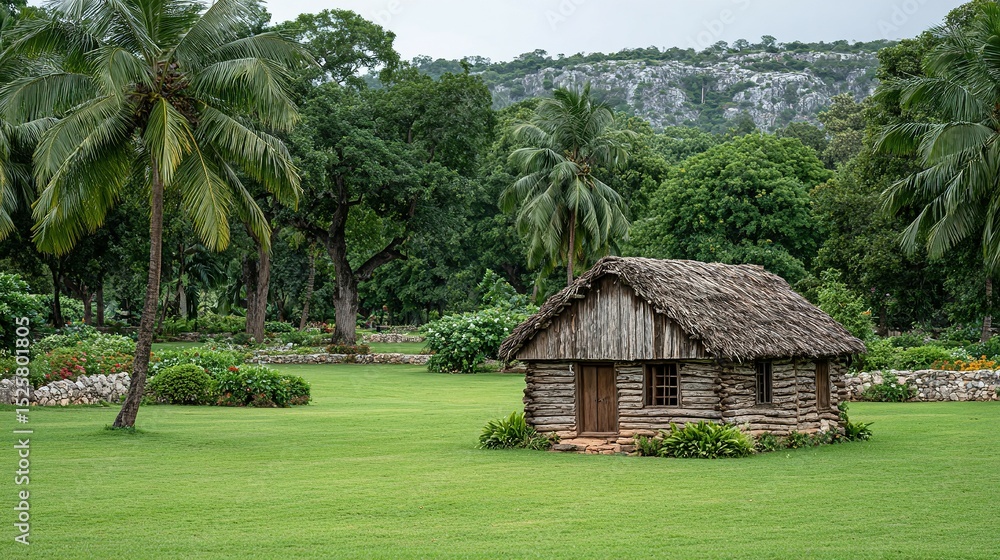 Rustic log cabin nestled amidst lush tropical greenery. Rustic log cabin nestled amidst lush tropical greenery.