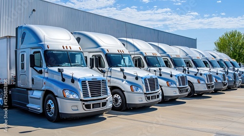 A fleet of white and gray semi-trucks parked in front of a gray industrial building with a blue sky and white clouds in the background.