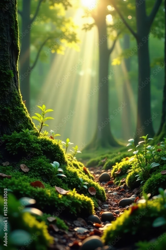 Fototapeta premium Sunlight streams through leaves, illuminating mossy undergrowth , ecosystem, eco, nature