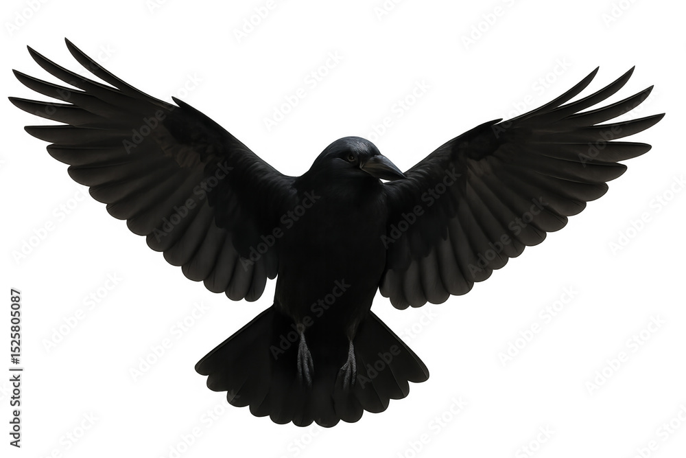 Obraz premium Majestic black crow with open wings, isolated on transparent background, creating a dramatic and powerful image