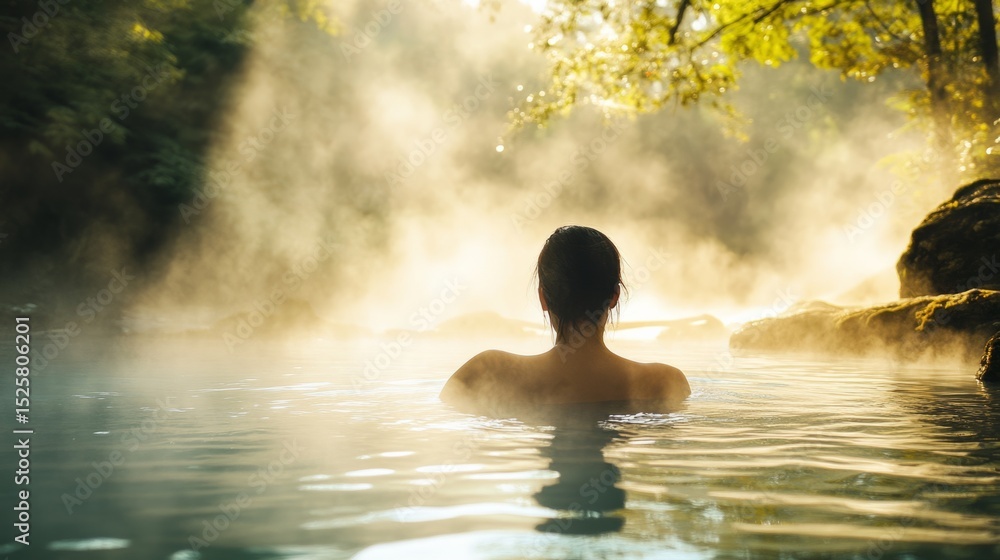 hot spring surrounded by forest, submerged woman, natural steam and sunlight. generative ai hot spring surrounded by forest, submerged woman, natural steam and sunlight. generative ai
