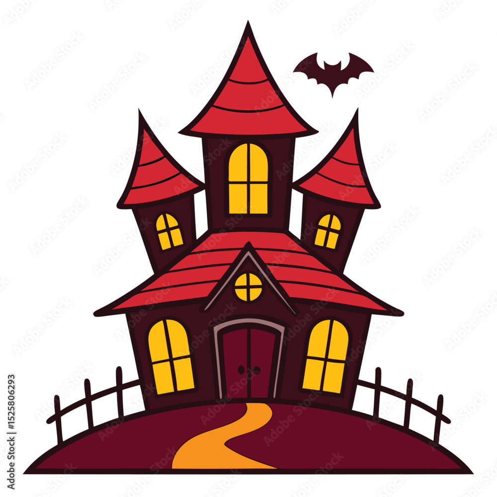 Cartoon illustration of a spooky halloween haunted house with bat silhouette and a winding path Cartoon illustration of a spooky halloween haunted house with bat silhouette and a winding path