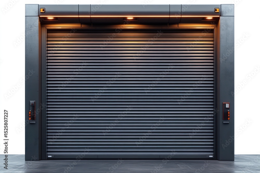 Obraz premium Modern industrial metallic rolling shutter garage door with dark frame and overhead orange lighting in a clean minimal setting