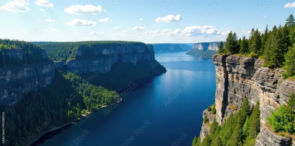Obraz premium Towering basalt cliffs overlook Lake Superior's vast expanse , green, shoreline