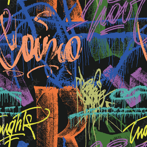 Abstract graffiti background.  Street art covers with paint splashes, scribbles and tags. Trendy hand drawn banner or poster, seamless pattern for textile print. Vector