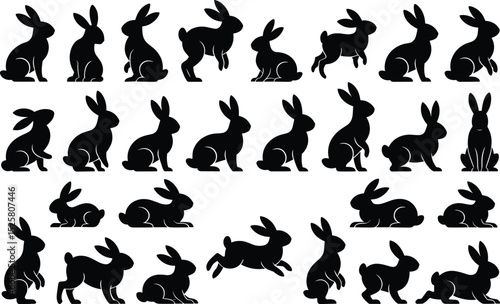Vector silhouette set of cute bunny rabbits in various poses, perfect for Easter, spring design, pet themes, and decoration