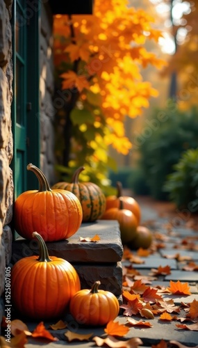 Vibrant fall foliage & pumpkins on aged stone Copy space , vintage, thanksgiving