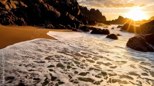 Golden sunlight shining on rocky beach with crashing ocean waves flowing onto the sand during sunset, with distant mountains.