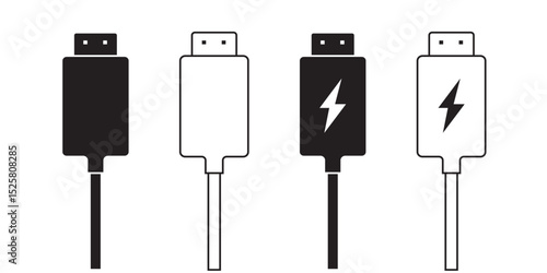 USB cable port icon set. USB type C and A lightning and micro USB mobile phone charger collection. Plug adapter symbol. Electronic device connector. Smartphone charger sign. Variety type of a symbols.