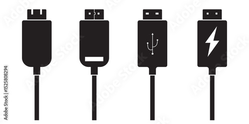 USB cable port icon set. USB type C, A, lightning and micro USB mobile phone charger vector illustration collection. USB cable icon. Mobile charger. Micro USB cables. USB cable Vector  illustration.