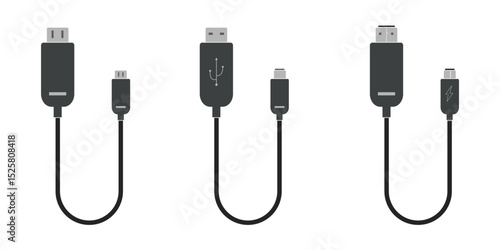 USB cable port icon set. USB type C, A, lightning and micro USB mobile phone charger vector illustration collection. USB cable icon. Mobile charger. Micro USB cables. USB cable Vector  illustration.