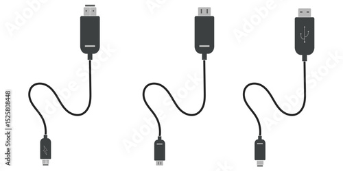 USB cable port icon set. USB type C and A lightning and micro USB mobile phone charger collection. Plug adapter symbol. Electronic device connector. Smartphone charger sign. Variety type of a symbols.