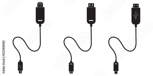 USB cable port icon set. USB type C, A, lightning and micro USB mobile phone charger vector illustration collection. USB cable icon. Mobile charger. Micro USB cables. USB cable Vector  illustration.