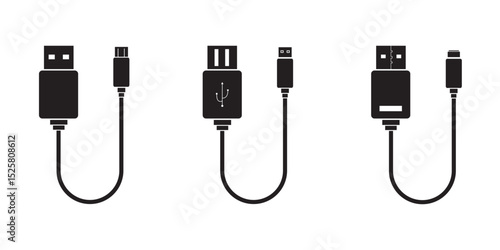 USB cable port icon set. USB type C, A, lightning and micro USB mobile phone charger vector illustration collection. USB cable icon. Mobile charger. Micro USB cables. USB cable Vector  illustration.