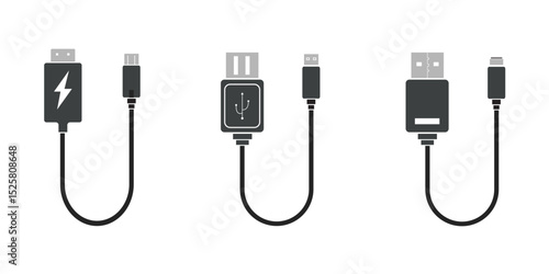 USB cable port icon set. USB type C and A lightning and micro USB mobile phone charger collection. Plug adapter symbol. Electronic device connector. Smartphone charger sign. Variety type of a symbols.
