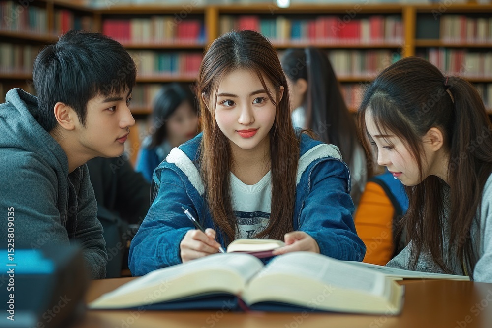 Three young people studying together in a library with books and focused expressions Three young people studying together in a library with books and focused expressions