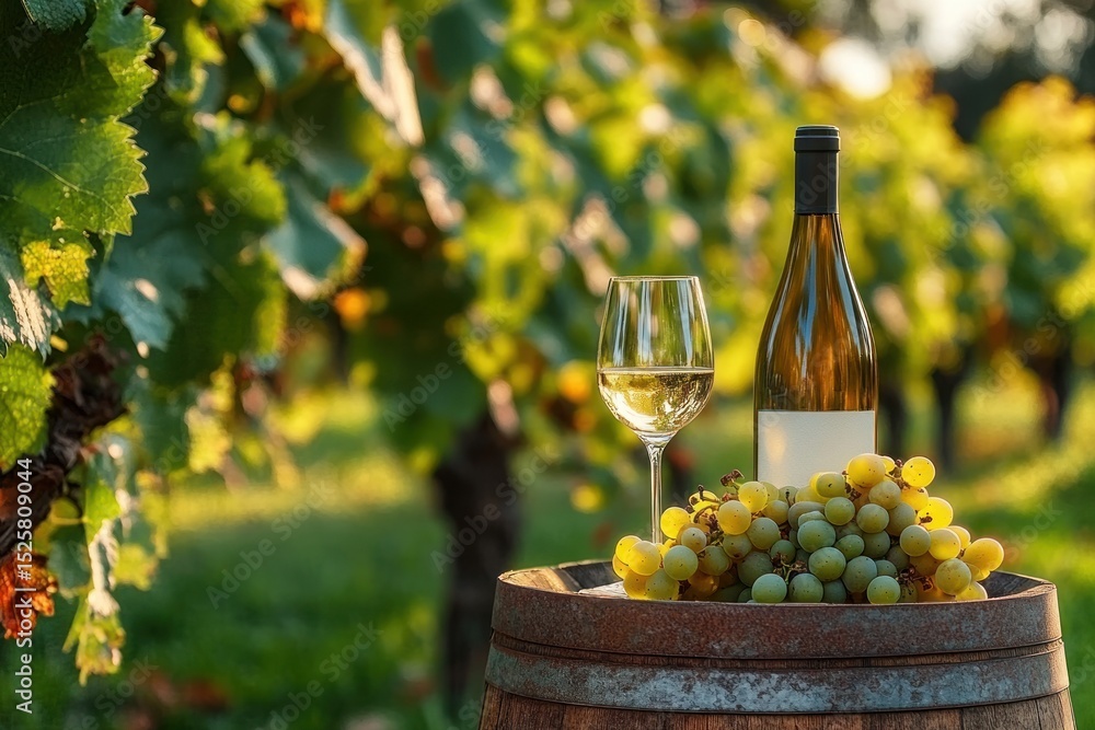 Fototapeta premium Wine bottle and glass with white grapes on a wooden barrel in a sunlit vineyard during late afternoon
