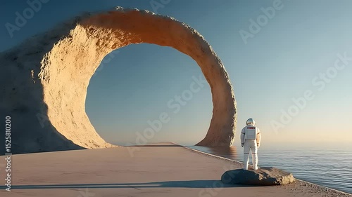 Astronaut gazing at a giant stone arch over calm waters
