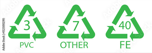 Recycle and Packing icons set sign and symbol. Recycle sign or Packaging sign. The universal recycling symbol isolated. Variety colors Recycle and Packing types of a design. Vector illustration.