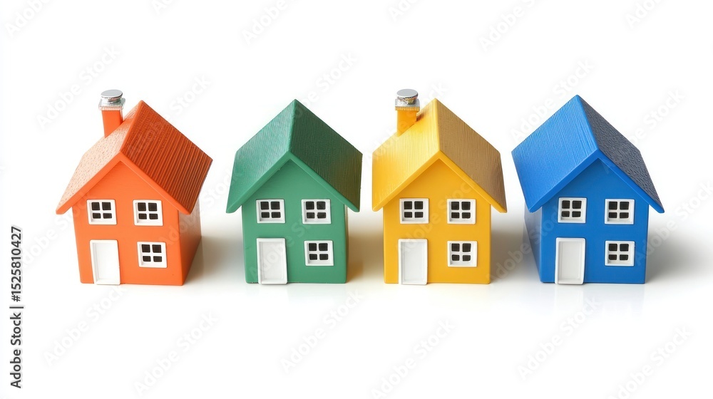 Four colorful toy houses in a row on a white background Four colorful toy houses in a row on a white background