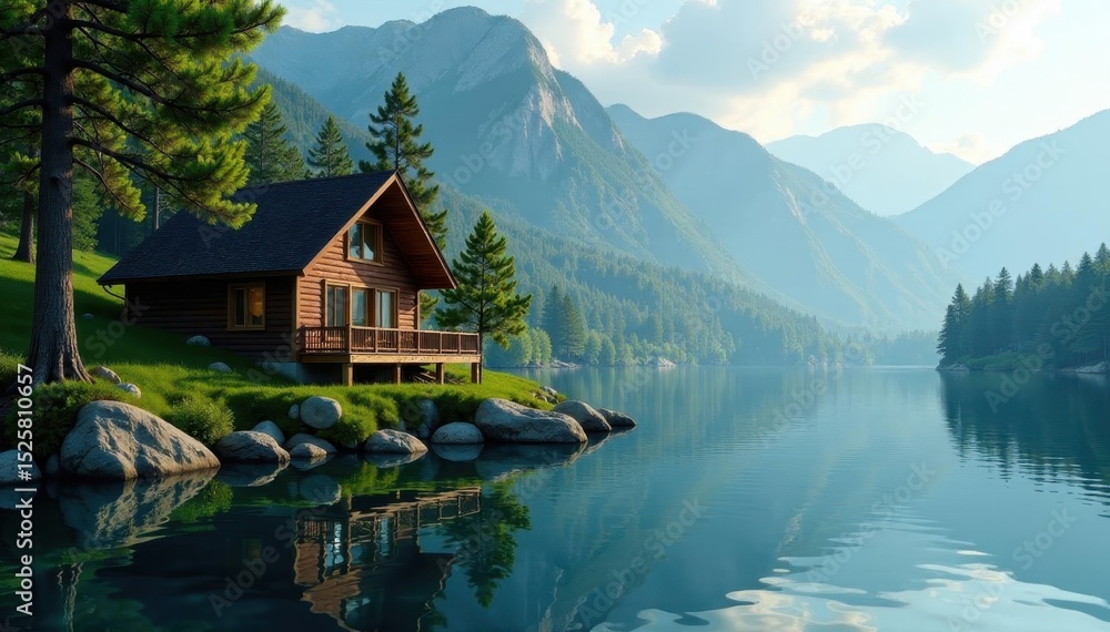 Fototapeta premium Secluded lakeside cabin nestled amongst lush trees , landscape, woods