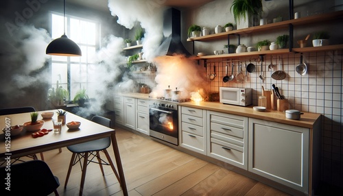 Kitchen fire accident caused by unattended stove, smoke filling the modern kitchen interior with alarm sounding.
