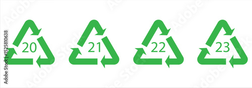 Recycle and Packing icons set sign and symbol. Recycle sign or Packaging sign. The universal recycling symbol isolated. Variety colors Recycle and Packing types of a design. Vector illustration.