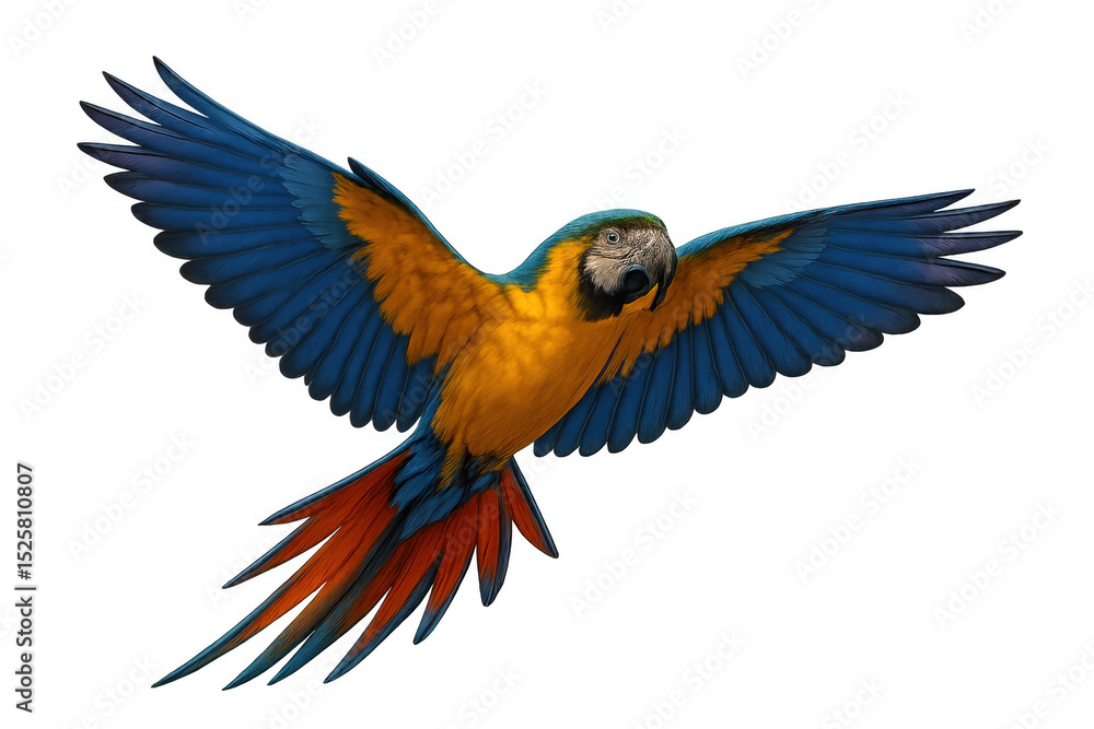 Obraz premium Vibrant macaw spreading colorful wings, soaring against transparent backdrop, ready for seamless graphic design integration