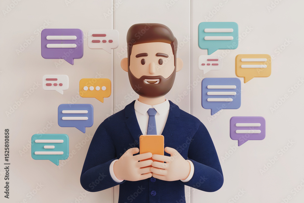 A 3D rendered illustration of a bearded man in a navy blue suit and light blue tie holding a smartphone. A 3D rendered illustration of a bearded man in a navy blue suit and light blue tie holding a smartphone.