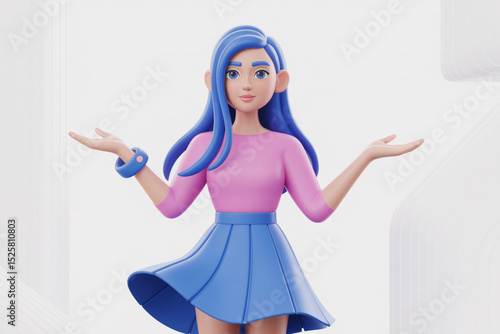 A 3D animated character with long flowing blue hair wearing a pink long-sleeved top and a blue flared skirt.