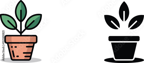 Vector illustration of potted plant in color and black silhouette, ideal for eco design, gardening, nature themes, and home decor