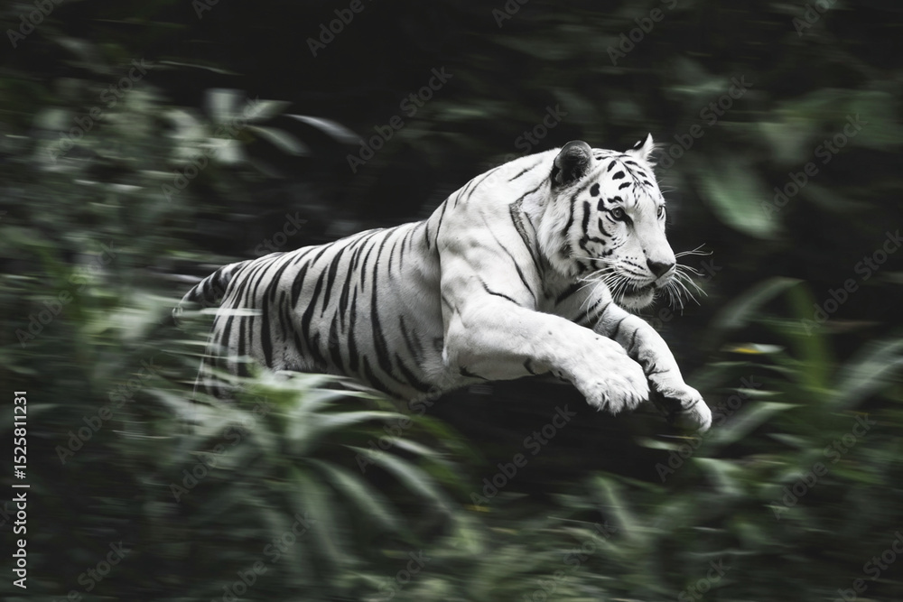 Naklejka premium A black and white photograph of a majestic white Bengal tiger in motion, captured in a dynamic pose against a blurred green foliage background.