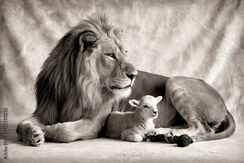 A black and white artistic photograph of a majestic male lion lying down next to a small lamb.