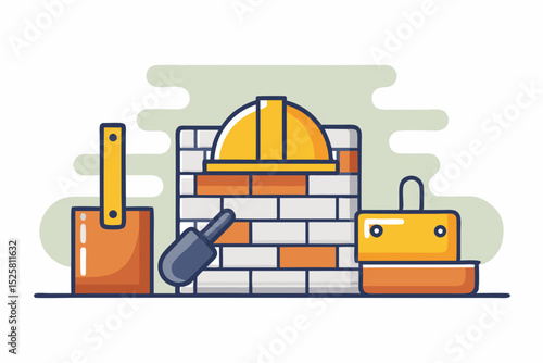 hard hat brick wall and trowel construction