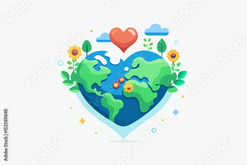 heart shaped earth with trees and flowers