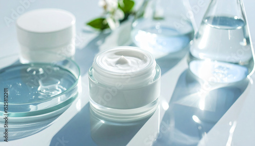Cosmetics and beaker against a soft white background. Concept of new cosmetics product development and research. 