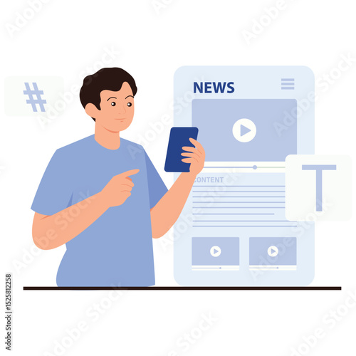 Content Marketing Illustation. Vector illustration of A person using a mobile phone to read online news and engage with media content. Isolated on background