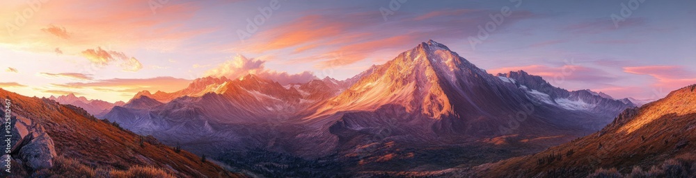Naklejka premium Panoramic view of jagged mountain range bathed in warm golden and pink sunset light with rocky foreground and expansive sky