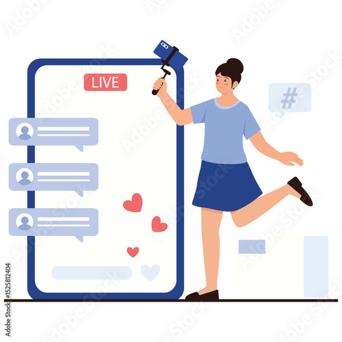 Content Marketing Illustation. Vector illustration of A woman doing a live broadcast on social media while receiving comments and likes. Isolated on background