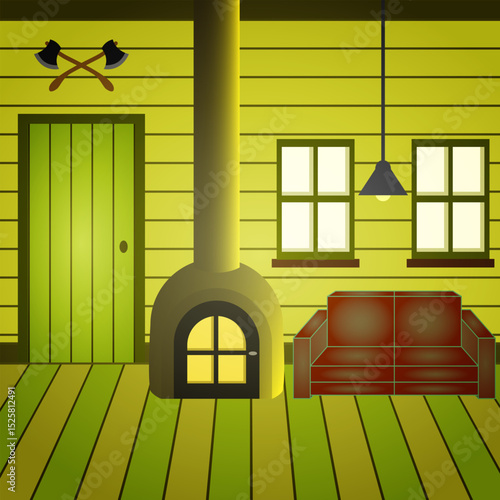 Cartoon hut interior with old living room. Ancient house inside view with wooden furniture, window, door. Rural traditional living room with chimney, sofa