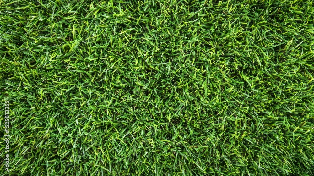 A lush green lawn with a vibrant green grass texture and a few scattered brown leaves, set against a clear blue sky.