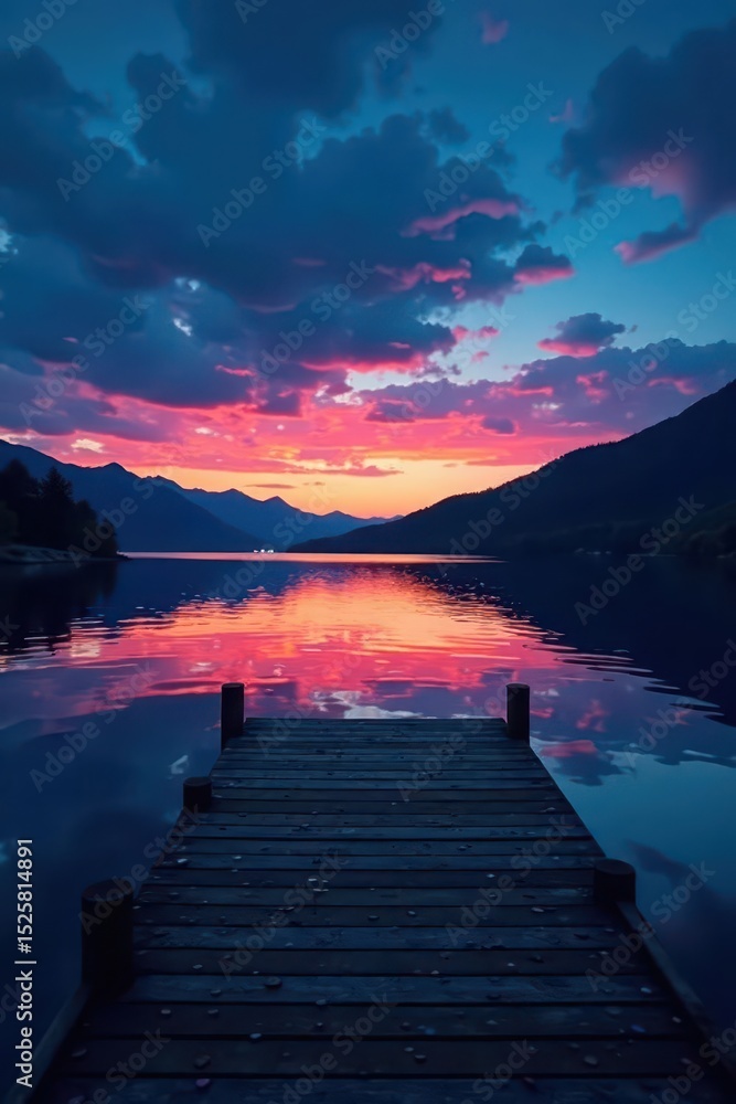 Obraz premium Twilight lake, calm water reflecting sky, night swim dock , water, stars
