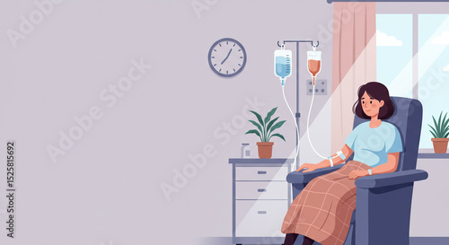 Patient feels hope during chemotherapy treatment in sunny hospital room.