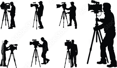 silhouette of cameraman operating tripod video camera, broadcast filming scene.