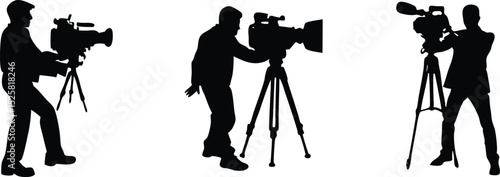 silhouette of cameraman operating tripod video camera, broadcast filming scene.