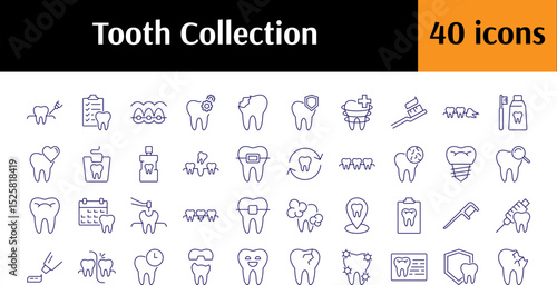 Tooth, Dentistry, Braces, Cleaning Outline Web Line Icons Collection. Minimalistic Linear Pictogram for Web and Graphic Design, Apps, Banners, Social Network and Cards