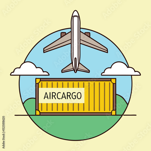 Illustration of an airplane with air cargo container and clouds in a circle