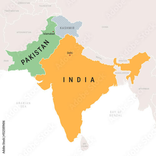 Pakistan and India Map, with Kashmir Area - Vector Illustration