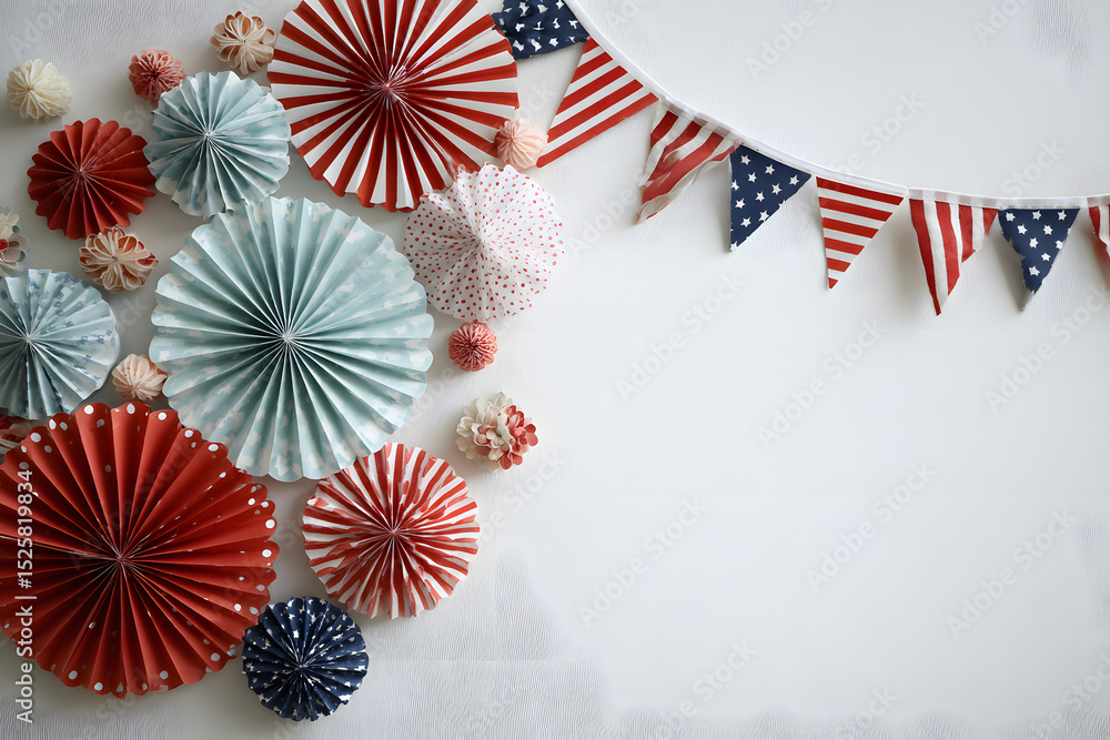 Fototapeta premium 4th of July banner American Independence Day decor: paper fans, flags, mini bunting