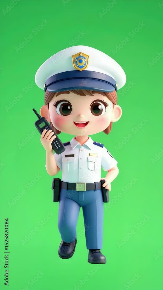 Vertical video of a 3D animated female police officer holding a walkie-talkie on green screen backdrop Vertical video of a 3D animated female police officer holding a walkie-talkie on green screen backdrop